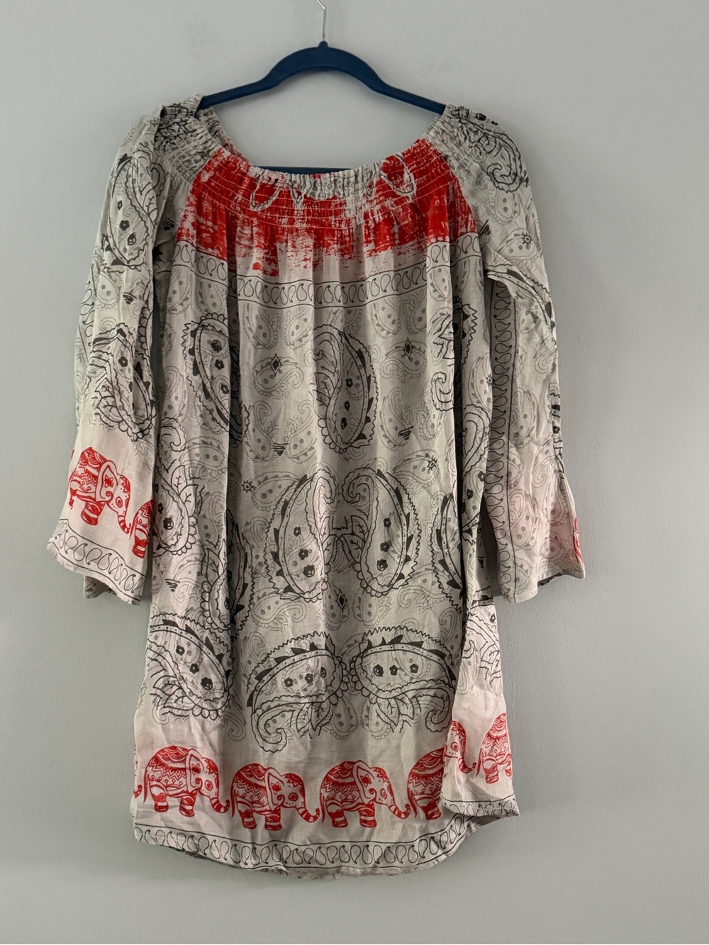 Karma Highway Boho Elephant Print Peasant Top in White and Coral